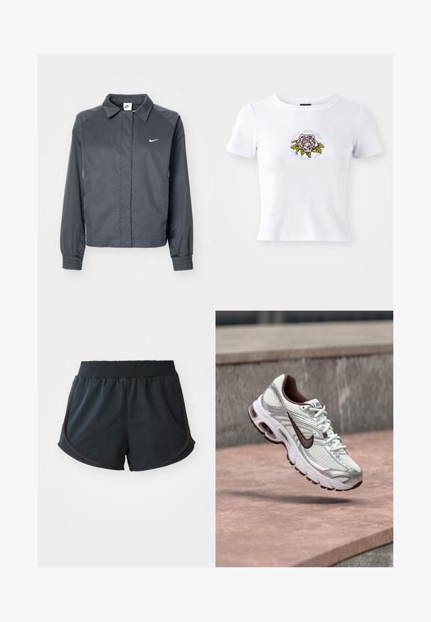 Nike Sportswear Suvejakk - black; Valge lühikeste varrukatega T-särk, millel on keha järgi istuv disain, keskosas tikitud roosi graafika ja lille ümber ringikujuline tekst.; Mustad mustad spordilühik, millel on soonikuga vöökoht, külgõmblused ja pruunid aktsendid, valmistatud kergest ja siledast kangast.; Valge ja hõbedane Nike jooksujalats musta Swooshi logoga, mis ripub betoonpinna kohal õues.