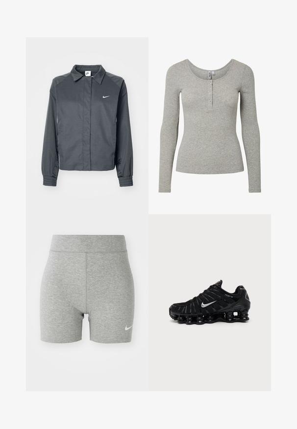 Nike Sportswear Letná bunda - black; Svetlosivý žebrovaný top s dlhým rukávom, okrúhlym výstrihom a štyrmi gombíkmi na preklade, priliehavý strih a mäkká pletenina.; Šedé športové šortky vyrobené z mäkkej tkaniny, s vysokým pásom a malým bielym logom Nike na dolnej ľavej strane.; Čierna Nike športová obuv so strieborným logom Swoosh, sieťovinovým a syntetickým zvrškom a výraznou segmentovanou podrážkou s poduškami.