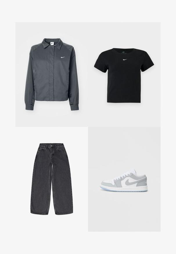 Nike Sportswear Chaqueta fina - black; Camiseta negra de rayas con mangas cortas, que presenta un pequeño logo blanco de Nike en el pecho y un cuello redondo.; Jeans de pierna ancha negra hechos de denim con cintura alta, que cuentan con dos bolsillos frontales y un cierre de botón. Diseño limpio, con un detalle minimalista.; Zapatillas Nike que presentan una combinación de piel gris y blanca, puntera perforada, cordones y una suela exterior azul claro con detalles del logo.