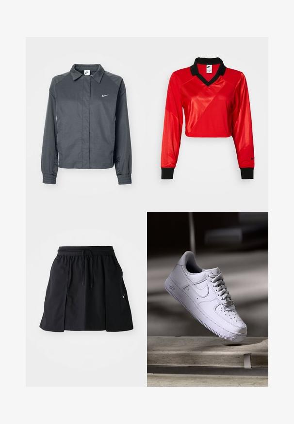 Nike Sportswear Letná bunda - black; Červený skrátený športový top s čiernym golierom, dlhými rukávmi, s textúrovaným vzorom a logom Nike na rukáve. Hladká a lesklá látka.; Čierna športová sukňa s elastickým pásom a nastaviteľnou šnúrkou. Obsahuje bočné rozparky, ľahkú látku a malú nášivku na leme.; Biele tenisky Nike Air Force 1 vznášajúce sa nad betónovým povrchom so tieňmi v minimalistickom prostredí.