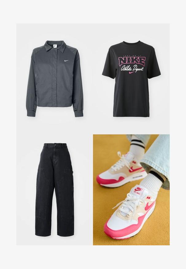 Nike Sportswear Chaqueta fina - black; Camiseta de algodón negra con un estampado gráfico en rosa y blanco que incluye el texto "JUST DO IT", "NIKE" y "Departamento Deportivo". Corte estándar.; Pantalones cargo de denim negro de pierna ancha con cintura alta, dos grandes bolsillos frontales y cierre de botón en la cintura. Textura suave, diseño casual.; Zapatillas Nike Air Max en blanco y rosa con un upper beige, que presenta un acabado texturizado, cordones blancos y una suela de aire visible.