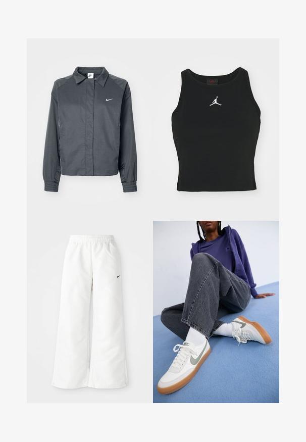Nike Sportswear Leichte Jacke - black; Schwarzes, figurbetontes Tanktop aus Baumwolle, mit rundem Halsausschnitt und einem weißen Jordan-Logo, das in der Mitte auf der Vorderseite gestickt ist. Glatte Textur.; Weiße Sporthose mit weitem Bein, elastischem Bund und kleinem schwarzen Nike-Logo auf der linken Seite. Glattes, leichtes Material.; Weiße Nike-Sneaker mit grauen Akzenten, Gummisohle, getragen mit weißen Socken. Dunkelgraue, leicht verwaschene, weit geschnittene Jeans. Blauer Hintergrund.
