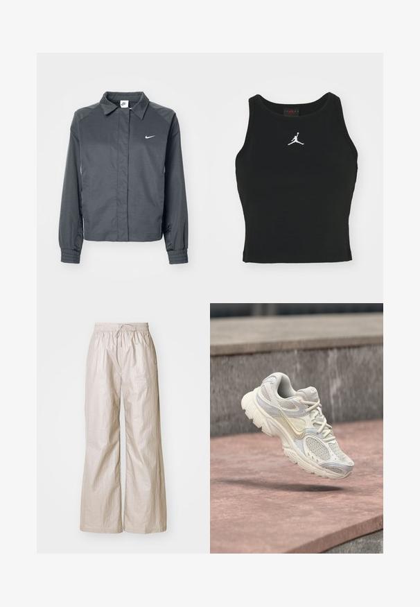 Nike Sportswear Veste légère - black; Débardeur noir ajusté en coton, avec un col rond et un logo Jordan blanc brodé au centre de l'avant. Texture lisse.; Pantalons larges beige clair en tissu froissé, dotés d'une taille élastique avec cordon de serrage et de poches latérales.; Chaussure de course Nike blanche et beige avec des panneaux en maille et une semelle épaisse, suspendue au-dessus d'une surface en pierre rose et d'un fond en pierre grise.