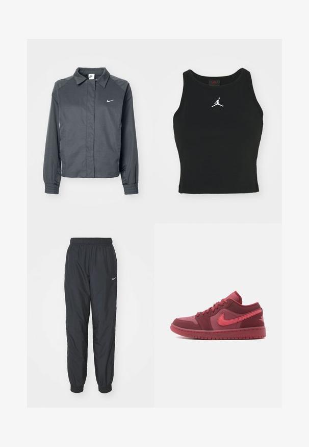 Nike Sportswear Chaqueta fina - black; Top ajustado negro de algodón, con un escote redondo y un logo de Jordan blanco bordado en el centro del frente. Textura suave.; Pantalones de chándal negros de Nike hechos de un tejido ligero, con una cinturilla y puños elásticos, y un pequeño logo blanco en la pierna izquierda.; Zapatilla baja en tonos rojo y rosa con parte superior de cuero y malla, paneles texturizados y suela de goma. Presenta el logo Swoosh en contraste y cordones a juego.
