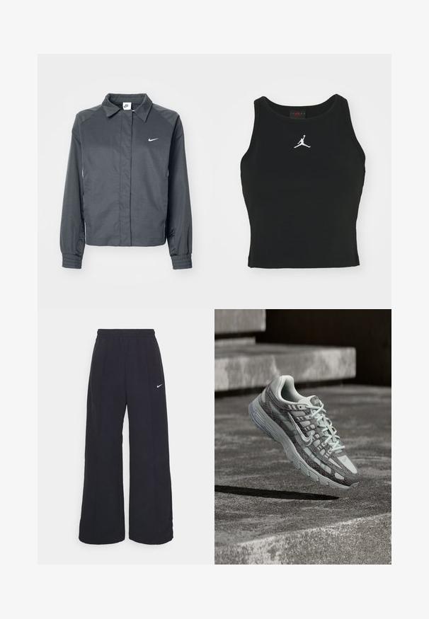 Nike Sportswear Veste légère - black; Débardeur noir ajusté en coton, avec un col rond et un logo Jordan blanc brodé au centre de l'avant. Texture lisse.; Pantalons larges noirs avec une taille élastique et un petit logo Nike blanc. Le tissu a une texture lisse, conçu pour le confort et un style décontracté.; Chaussure de course Nike grise et blanche avec motif texturé, laçage avant et semelle épaisse, flottant au-dessus d'une marche en béton en extérieur.