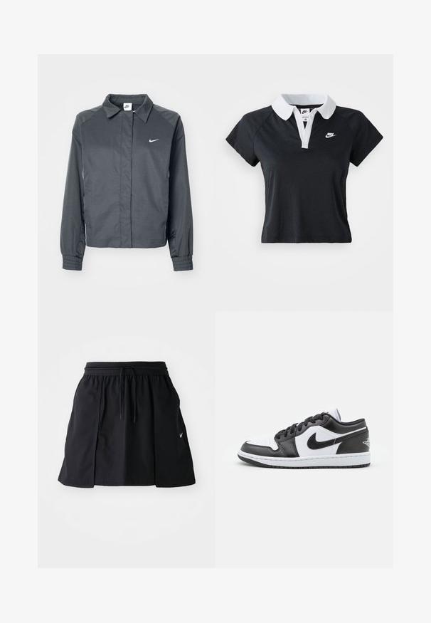 Nike Sportswear Veste légère - black; Polo noir à manches courtes avec un col blanc et une patte de boutonnage à l'avant, présentant un petit logo Nike blanc sur la poitrine gauche.; Jupe de sport noire avec taille élastique et cordon de serrage réglable. Dotée d fentes latérales, d'un tissu léger et d'un petit logo sur l'ourlet.; Des baskets basses Nike en noir et blanc présentent un cuir lisse sur le dessus, un bout rond, un système de laçage et une semelle extérieure en caoutchouc à motifs.