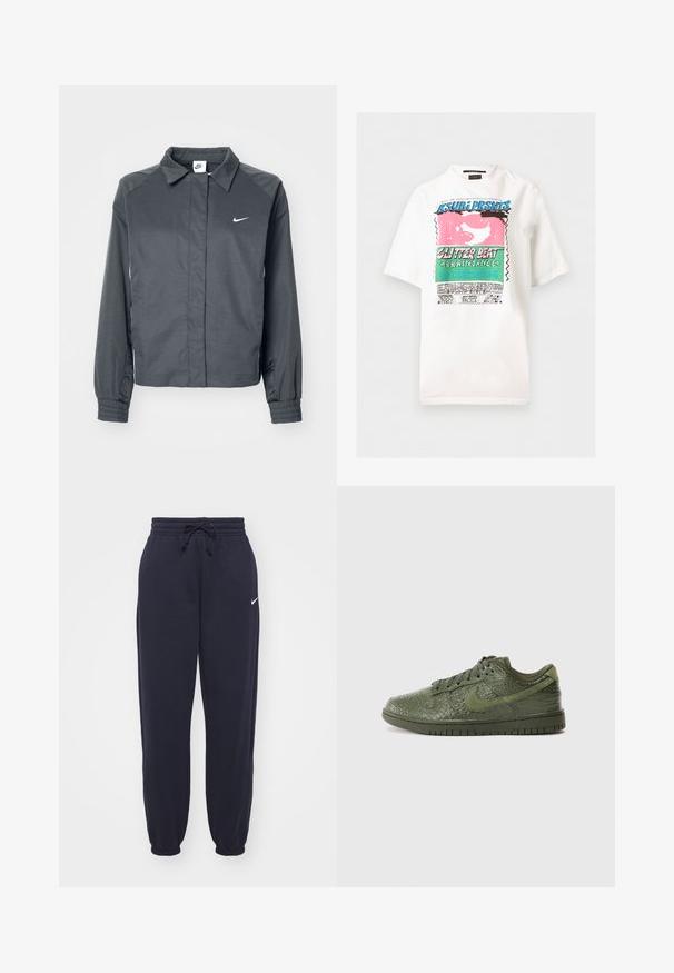 Nike Sportswear Chaqueta fina - black; Camiseta blanca de manga corta con bloques de texto gráfico coloridos que dicen "KSUBI PRSNTS", "GLITTER BEAT" y "RAIN DANCE" en diseños llamativos.; Pantalones de chándal Nike en azul marino, hechos de un material suave. Cuenta con una cintura elástica con cordón y tobillos ajustados. Pequeño acento con el logo blanco.; Zapatillas verdes con un patrón texturizado, similar a la piel de un reptil, con cordones a juego y suela de goma. Logo de Nike en un tono similar en el lateral.
