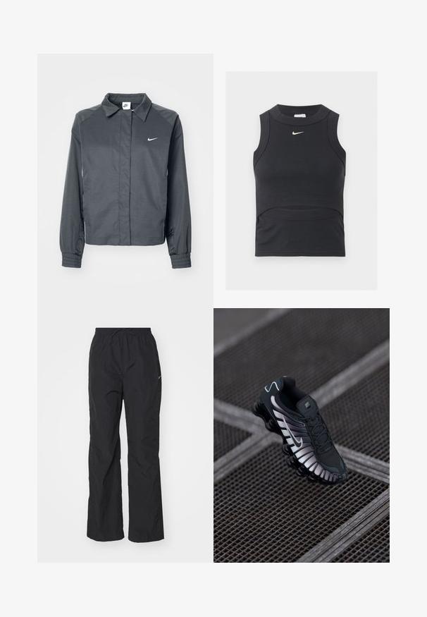 Nike Sportswear Letná bunda - black; Čierny krátky športový top bez rukávov s rebrovanou textúrou a bielym logom Nike swoosh na hrudi.; Čierne, ľahké nohavice s elastickým pásom a šnúrkou. Majú textúrovaný povrch a malú reflexnú nášivku na boku.; Čierna atletická obuv s textúrovaným sieťovaným vrchným materiálom, striebornými akcentmi, podporou klenby a polstrovanou podrážkou s výrazným segmentovaným dizajnom.