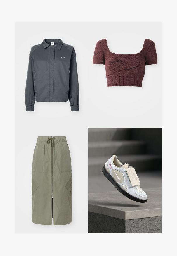 Nike Sportswear Letná bunda - black; Lila skrátený top s textúrovanou tkaninou, štvorcovým výstrihom, krátkymi rukávmi a rebrovaným lemom, ktorý je ozdobený jemnými tmavými vzormi.; Olivovo zelená midi sukňa vyrobená z ľahkého materiálu, s predným zipsom, elastickým pásom a veľkými bočnými vreckami s uhlovými klapkami.; Bielo-béžová teniska Nike s čiernou podrážkou a strapcovým detailom vznášajúca sa nad betónovým okrajom s rozmazaným schodiskom v pozadí.