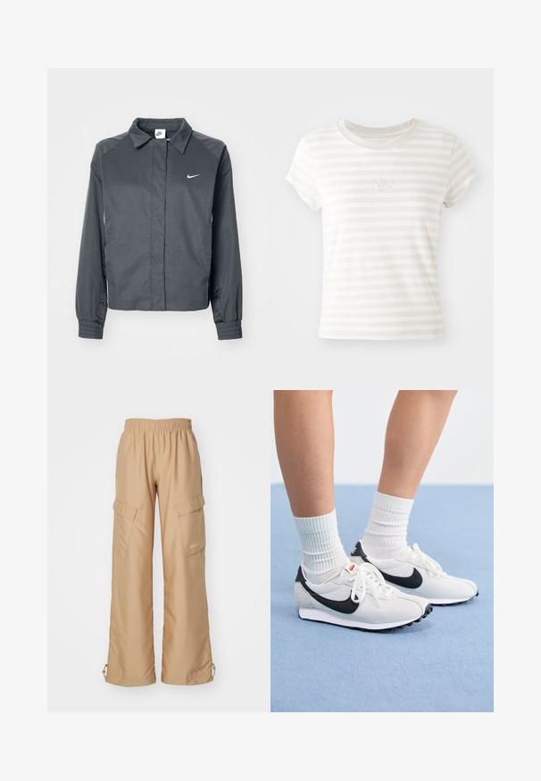 Nike Sportswear Letná bunda - black; Biele prúžkové tričko s krátkym rukávom vyrobené z mäkkej bavlny. Má okrúhly výstrih a malé vyšívané logo Nike na hrudi.; Nike Sportswear TREND - Kapsáče - hemp; Biele sieťované tenisky s čiernymi akcentmi, okrúhlou špičkou a plochou gumovou podrážkou. V kombinácii s rebrovými bielymi ponožkami.