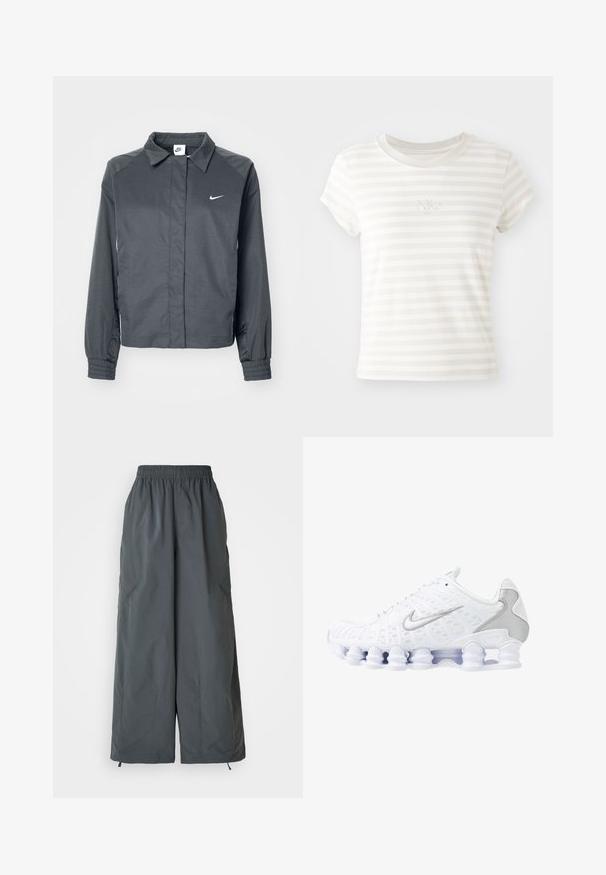 Nike Sportswear Letná bunda - black; Biele prúžkové tričko s krátkym rukávom vyrobené z mäkkej bavlny. Má okrúhly výstrih a malé vyšívané logo Nike na hrudi.; Sivé, pohodlné nohavice s elastickým pásom a širokými nohavicami vyrobené z ľahkej látky, s dvoma bočnými vreckami a nastaviteľnými šnúrkami na manžetách.; Biele športové topánky s jemnou sieťovinou na hornej časti, striebornými detailmi a jedinečným dizajnom podpätka v tvare cievky. Majú polstrovaný golier a šnurovanie pre lepšie udržanie na nohe.