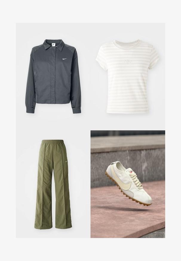 Nike Sportswear Letná bunda - black; Biele prúžkové tričko s krátkym rukávom vyrobené z mäkkej bavlny. Má okrúhly výstrih a malé vyšívané logo Nike na hrudi.; Olívovo zelené nohavice s širokými nohavicami vyrobené z ľahkej tkaniny, s elastickým pásom a malým bielym logom na prednej strane.; Biela a béžová športová obuv so šnúrkami a gumovou podrážkou vznášajúca sa nad kamenným povrchom s rozmazaným betónovým pozadím.