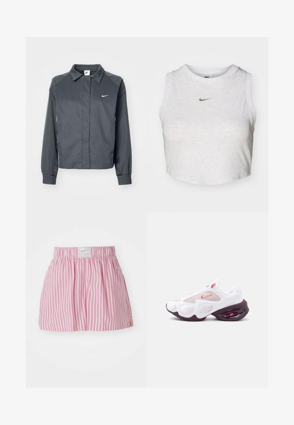 Nike Sportswear Lichte jas - black; Witte crop top van zacht, textuurachtig stof. Heeft een ronde hals en een mouwloos ontwerp met een klein gouden Nike-logo aan de voorkant.; Roze-witte gestreepte korte broek met een elastische tailleband en een klein Nike-logo patch aan de achterkant. Gemaakt van lichtgewicht stof.; Witte en roze sportschoen met meshpanelen, een roze Nike-swoosh en een dikke, donkerpaarse zool met zichtbare luchtvering.
