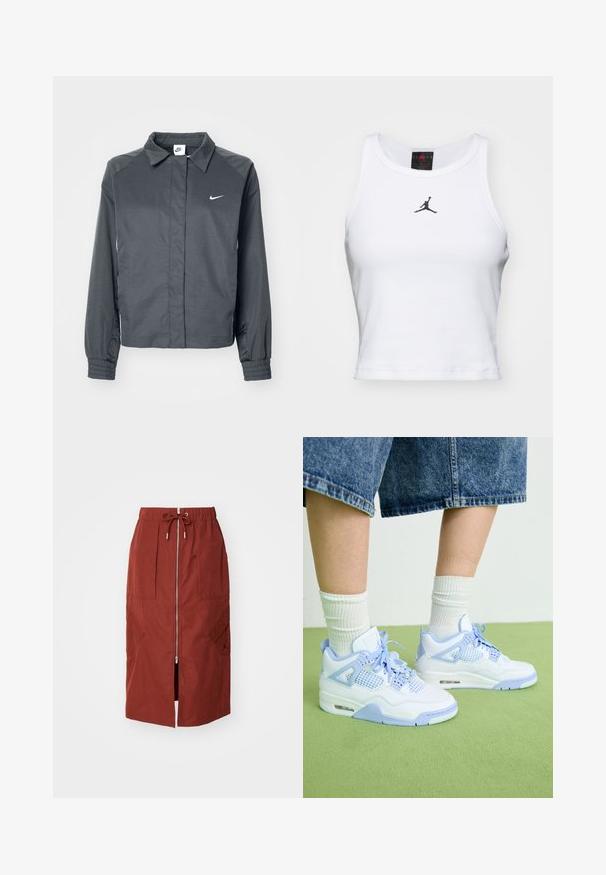 Nike Sportswear Lichte jas - black; Witte crop tanktop van katoen met een ribbeltextuur. Beschikt over een zwart Jordan-logo in het midden en een klassieke ronde hals.; Mid-length rok in terracotta rood, met een rits aan de voorkant, een elastische tailleband met trekkoord en zijzakken met een geometrisch ontwerp.; Witte en lichtblauwe sneakers met gaasaccenten, een ronde neus, veters en een luchtkusseneenheid, gecombineerd met witte geribde sokken en denim short.