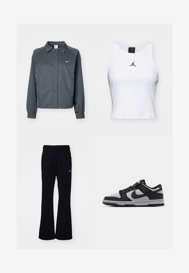 Nike Sportswear Letná bunda - black; Biely crop tank top vyrobený z bavlny s rebrovanou textúrou. Obsahuje čierne logo Jordan v strede a klasický okrúhly výstrih.; Čierne tepláky s elastickým pásom, rozšírenými nohavicami, dvoma bočnými vreckami a bielym logom Nike na ľavej strane.; Čierne a šedé nízke tenisky Nike Dunk s perforovanou špičkou, hladkými koženými akcentmi a gumovou podrážkou so štruktúrovaným dezénom.