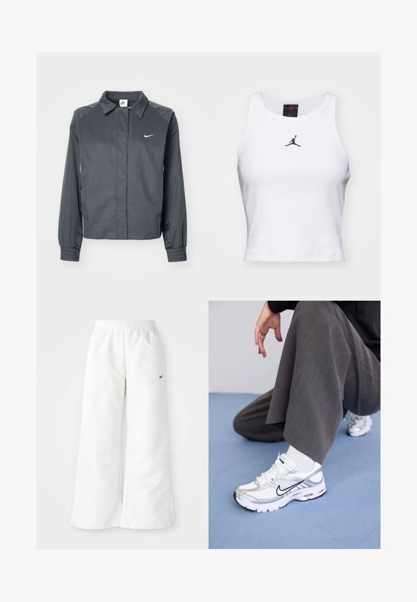 Nike Sportswear Leichte Jacke - black; Weißes Crop-Top aus Baumwolle mit geripptem Struktur. Verfügt über ein schwarzes Jordan-Logo in der Mitte und einen klassischen Rundhalsausschnitt.; Weiße Sporthose mit weitem Bein, elastischem Bund und kleinem schwarzen Nike-Logo auf der linken Seite. Glattes, leichtes Material.; Weiße und silberne Sportschuhe aus Mesh- und Synthetikmaterialien, mit schwarzen Akzentlinien, Schnürsenkeln und strukturierten Sohlen.