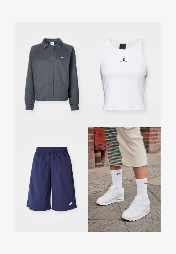 Nike Sportswear Letná bunda - black; Biely crop tank top vyrobený z bavlny s rebrovanou textúrou. Obsahuje čierne logo Jordan v strede a klasický okrúhly výstrih.; Námornícke modré šortky Nike s elastickým pásom, vyrobené z ľahkej a hladkej tkaniny, s malým bielym logom na dolnej strane.; Biele tenisky Nike Air Max 90 s vrchnou časťou z kombinácie sieťovaného a koženého materiálu, s viditeľnou vzduchovou jednotkou, v kombinácii s bielymi rebrovanými ponožkami s čiernym logom.