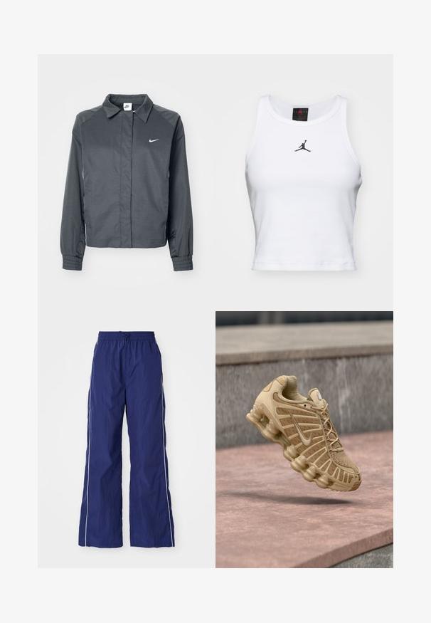 Nike Sportswear Letná bunda - black; Biely crop tank top vyrobený z bavlny s rebrovanou textúrou. Obsahuje čierne logo Jordan v strede a klasický okrúhly výstrih.; Námornícky modré, ľahké nohavice s širokými nohavicami, elastickým pásom a šnúrkou, so bielymi bočnými pruhmi a zvrásnenou textúrou.; Bežová športová obuv s vrchnou časťou z sieťoviny a štruktúrovanou podporou, vybavená polstrovanou podrážkou s viditeľnými vzduchovými jednotkami a textúrovanými detailmi.