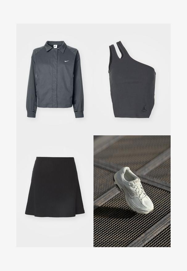 Nike Sportswear Suvejakk - black; Mustmustriibuline must särk, millel on ainulaadne asümmeetriline disain: üks lai rihm ja teine kitsas, hemil on väike logo.; Mustriva must kollane mini-seelik, millel on laienev ääreosa, tekstureeritud pind ja istuv vöö, valmistatud venivast kangast.; Valge Nike jooksutoss, millel on võrgust ja sünteetilisest materjalist ülemine osa, puhates metallvõrgust põrandal pehmes looduslikus valguses.