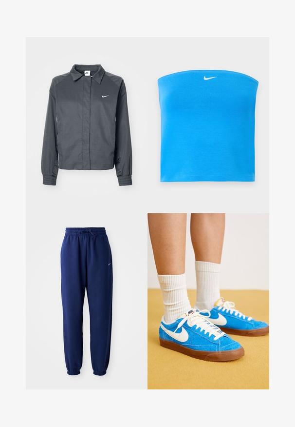 Nike Sportswear Letná bunda - black; Svetlomodrý bezramienkový tube top značky Nike s bielym logom Swoosh umiestneným v strede blízko horného okraja.; Námornícke modré tepláky vyrobené z jemného materiálu s elastickým pásom na šnúrku, elastickými manžetami a malým bielym logom.; Modré semišové tenisky Nike s bielymi akcentmi, plochými šnúrkami a hnedými gumovými podrážkami, doplnené o rebrové biele ponožky.