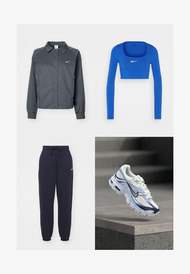 Nike Sportswear Letná bunda - black; Nike Sportswear W NSW LS CROP TOP SW - Top s dlhým rukávom - game royal/phantom; Nike tepláky v námornej modrej farbe, vyrobené z mäkkého materiálu. Obsahujú elastický pás s šnúrkou a sťahovacie nohavice. Malý biely logotyp ako akcent.; Biele a svetlomodré športové topánky s tmavomodrým logom Swoosh, ktoré visia nad sivým betónovým blokom.
