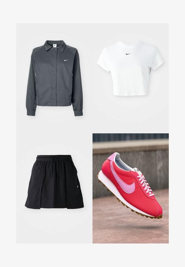 Nike Sportswear Letná bunda - black; Biely skrátený tričko vyrobené z bavlny, s krátkymi rukávmi a okrúhlym výstrihom, s čiernym logom Nike na hrudi.; Čierna športová sukňa s elastickým pásom a nastaviteľnou šnúrkou. Obsahuje bočné rozparky, ľahkú látku a malú nášivku na leme.; Jasne ružové a červené pletené tenisky s svetlo ružovým logom a šnúrkami, bielou podrážkou a hnedým vzorom, vznášajúce sa nad betónovým povrchom.