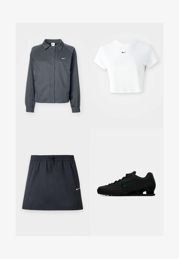 Nike Sportswear Let jakke / Sommerjakker - black; Hvid kortærmet t-shirt lavet af bomuld, med korte ærmer og rund halsudskæring, og med et sort Nike-logo på brystet.; Sort atletisk nederdel med elastisk taljebånd og justerbar snøre, med en lille hvid Nike swoosh-logo på højre side.; Sort Nike løbesko med mørkegrøn refleksvinkel og struktureret sål, vist i sideprofil på en enkel hvid baggrund.