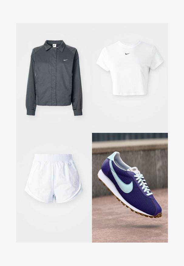 Nike Sportswear Suvejakk - black; Valge lühikeste varrukatega puuvillane lühike t-särk ümarate kaelustega, millel on rinna peal must Nike logo.; Heledad sinised spordilühikesed püksid, ribaga vöökoht, kaardus äär ja valged külgdetailid. Valmistatud pehmest ja kergest materjalist.; Lilla Nike ketsju, millel on helesinine Swoosh, valged paelad ja kummi tallad, näidatud betoonpinna kohal õues hõljuvana.