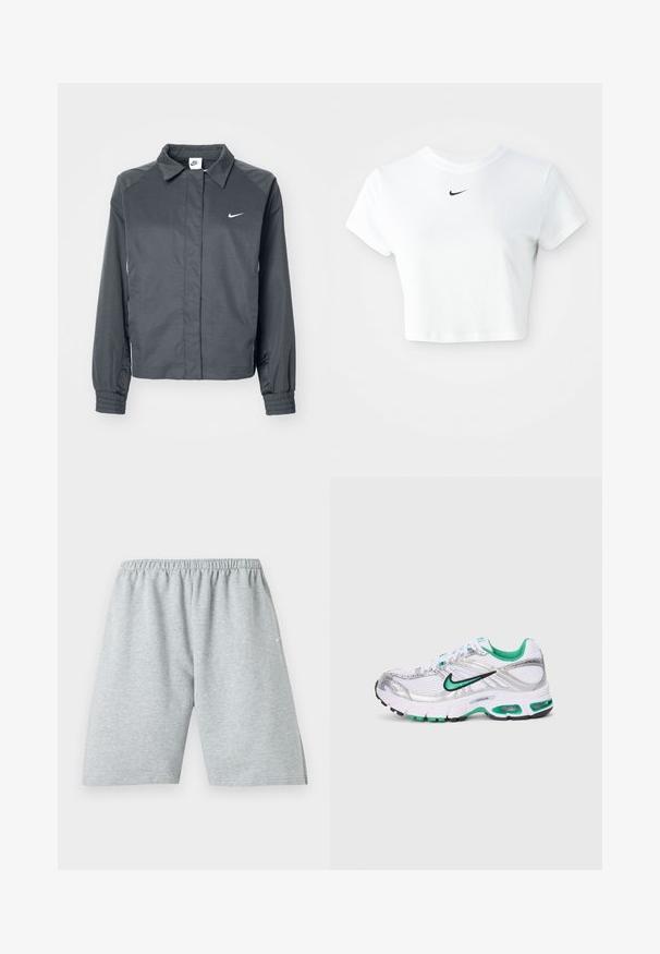 Nike Sportswear Suvejakk - black; Valge lühikeste varrukatega puuvillane lühike t-särk ümarate kaelustega, millel on rinna peal must Nike logo.; Helehallid põlvekõrgused sportlikud lühikesed püksid, elastse vöökohaga ja väikese valge logoga vasakul jalal.; Nike jooksujalats valges, hõbedases ja rohelises. Omab võrgu- ja sünteetilisi materjale, pehmendatud krae ning pehmendatud talla nähtavate õhuühikutega.