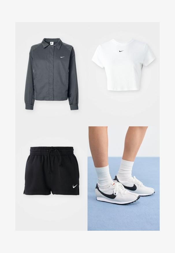 Nike Sportswear Letná bunda - black; Biely skrátený tričko vyrobené z bavlny, s krátkymi rukávmi a okrúhlym výstrihom, s čiernym logom Nike na hrudi.; Čierne športové šortky vyrobené z mäkkej tkaniny, s elastickým pásom so šnúrkou, bočnými rozparkom a malým bielym logom na leme.; Biele sieťované tenisky s čiernymi akcentmi, okrúhlou špičkou a plochou gumovou podrážkou. V kombinácii s rebrovými bielymi ponožkami.