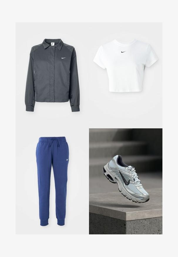 Nike Sportswear Veste légère - black; T-shirt blanc court en coton, avec des manches courtes et un col rond, orné d'un logo Nike noir sur la poitrine.; Pantalons de survêtement Nike bleus avec taille élastique, cordon de serrage, chevilles côtelées et logo swoosh Nike blanc sur la cuisse gauche.; Baskets de course Nike blanches et grises avec logo noir flottant au-dessus d'un rebord en béton sur fond gris flou.