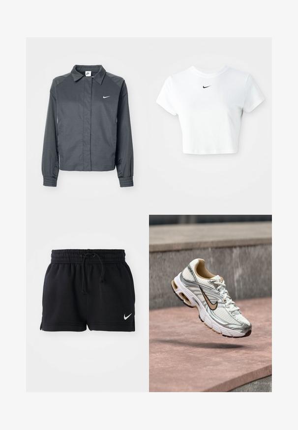 Nike Sportswear Veste légère - black; T-shirt blanc court en coton, avec des manches courtes et un col rond, orné d'un logo Nike noir sur la poitrine.; Shorts de sport noirs en tissu doux, dotés d'une taille élastique avec cordon de serrage, d'entailles sur les côtés et d'un petit logo blanc en bas.; Chaussure de course Nike blanche et argentée avec un logo Swoosh beige, montrée en suspension au-dessus d'une surface en pierre avec un mur gris flou en arrière-plan.