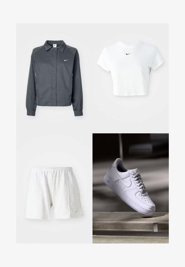 Nike Sportswear Letná bunda - black; Biely skrátený tričko vyrobené z bavlny, s krátkymi rukávmi a okrúhlym výstrihom, s čiernym logom Nike na hrudi.; Šedé športové šortky vyrobené z ľahkého materiálu, s elastickým pásom, prešitými detailmi a malým logom na spodnej ľavej strane.; Biele tenisky Nike Air Force 1 vznášajúce sa nad betónovým povrchom so tieňmi v minimalistickom prostredí.