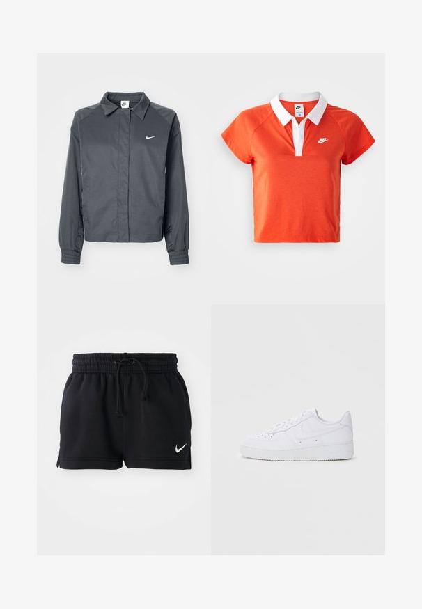 Nike Sportswear Let jakke / Sommerjakker - black; Orange polo skjorte med hvid krave, korte ærmer og Nike-logo i hvidt på venstre bryst. Lavet af et blødt bomuldsblandingsmateriale.; Sorte atletiske shorts lavet af blødt materiale, med en elastisk linning og snor, sideskår og et lille hvidt logo i nederste kant.; Hvide Nike Air Force 1 sneakers med læderoverdel, rund tå, snørelukning, polstret krave og struktureret gummisål.