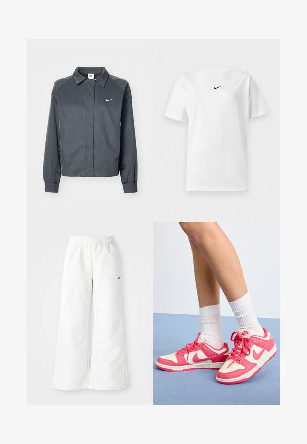 Nike Sportswear Letná bunda - black; Biele tričko s krátkym rukávom a okrúhlym výstrihom s malým čiernym logom Nike Swoosh umiestneným v strede blízko goliera.; Biele športové nohavice so širokým strihom, elastickým pásom a malým čiernym logom Nike na ľavej strane. Hladký, ľahký materiál.; Nike tenisky s ružovou a krémovou kožou, perforovanou špičkou, šnúrkami a bielymi ponožkami. Obsahujú logo na strane a päte, plochý dizajn podrážky.