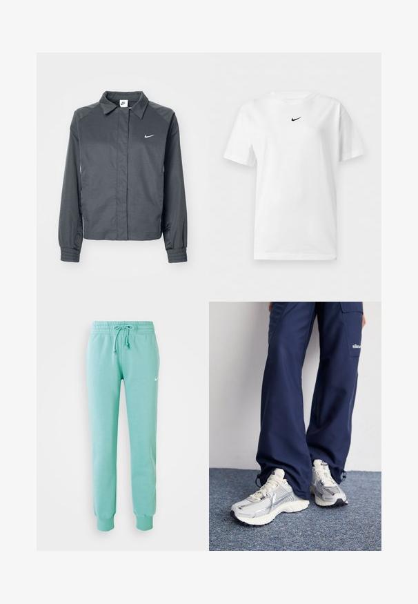 Nike Sportswear Let jakke / Sommerjakker - black; Hvid t-shirt med korte ærmer og rund halsudskæring med et lille sort Nike Swoosh-logo centreret nær kraven.; Mintgrønne sweatpants med elastisk talje, snoretræk og ribstrikkede manchetter. Har et lille hvidt Nike-logo på venstre lår.; Nike sportssko med en sølvfarvet mesh-overdel, hvide detaljer og strukturerede såler, parret med løstsiddende navy bukser.