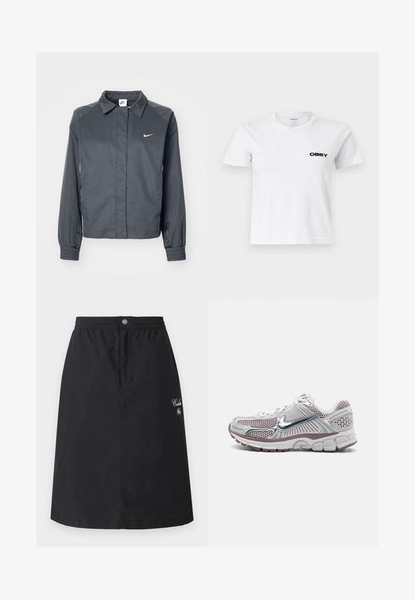 Nike Sportswear Let jakke / Sommerjakker - black; Hvid T-shirt med korte ærmer og rund hals med sort "OBEY"-logo trykt på venstre bryst.; Sort nederdel lavet af letvægtsstof med elastik i taljen og frontknaplukning, med broderede detaljer på siden.; Nike atletik sko med en hvid mesh-overdel med sølvaccenter, pink detaljer og en tyk, polstret, struktureret sål.