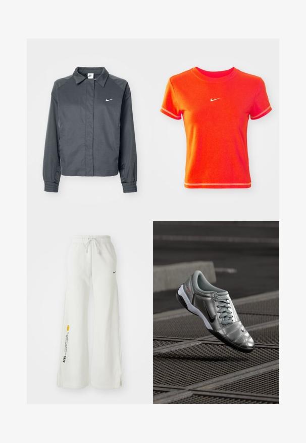 Nike Sportswear Let jakke / Sommerjakker - black; Rød cropped T-shirt lavet af bomuld, med en ribbet crew neck og korte ærmer. Viser et lille hvidt Nike-logo på fronten.; Hvide, brede sweatsbukser med elastisk talje, snøre, sidespalter, sort Nike-logo og kontrasterende gul grafisk tekst.; Sølv Nike sko med en glat finish, der har et snørebåndsdesign og en sort ydersål. Tekstureret overdel med subtile accenter og logo.