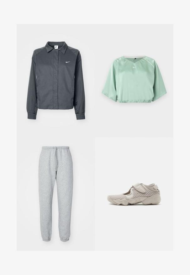 Nike Sportswear Suvejakk - black; Mintroheline lühike sportlik top lühikeste laiade varrukatega, elastse vöökoha, valge äärega õlgadel ja väikese valge Nike logoga ees keskel.; Hallid hallid treeningpüksid, mis on valmistatud pehmest, tekstureeritud kangast. Omavad elastset vööd nööriga, kitsenevaid pahkluupesasid ning ei sisalda nähtavaid mustreid ega logosid.; Helebeež värvi sportjalats võrgust pealsega, reguleeritava rihmaga ja pehmendusega tallaga, millele on märgitud "AIR", näidatud külgvaates valgel taustal.