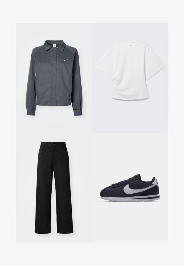 Nike Sportswear Let jakke / Sommerjakker - black; Hvid oversized T-shirt med korte ærmer og rund hals vist på en lysegrå baggrund.; Sorte vide bukser med flad front, knaplukning og bæltestropper. Fremstillet af holdbart stof med en glat tekstur.; Sort atletisk sko med grå accenter, glat syntetisk overdel, tekstureret sål, afrundet tå og flade snørebånd. Klassisk design med logodetalje.