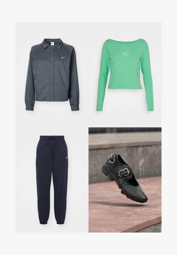 Nike Sportswear Chaqueta fina - black; Camisa de manga larga, corta, en verde menta, hecha de algodón suave, con un escote redondo y un logo blanco de Nike Air en el pecho.; Pantalones de chándal Nike en azul marino, hechos de un material suave. Cuenta con una cintura elástica con cordón y tobillos ajustados. Pequeño acento con el logo blanco.; Zapato negro de punta partida con dos hebillas plateadas, suela gruesa y detalles perforados, flotando sobre una superficie de piedra.