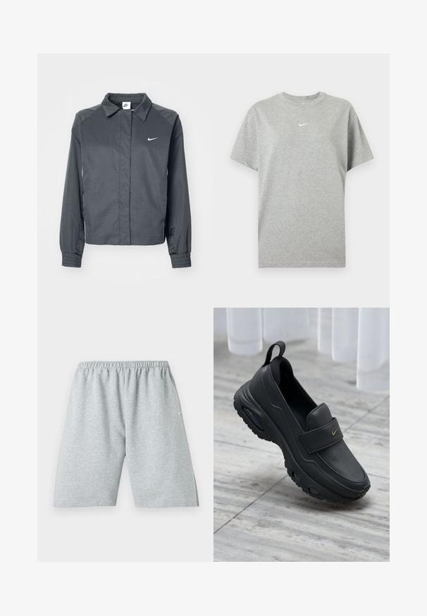 Nike Sportswear Let jakke / Sommerjakker - black; Grå kortærmet bomuld T-shirt med rund hals og lille hvid Nike swoosh logo centreret på brystet.; Lysegrå, knælange sportsshorts med elastisk talje og lille hvidt logo på venstre ben.; Sort læder slip-on sko med flad sål, tekstureret finish, polstret overdel og guldfarvet logo-accent. Designet for komfort og nem påtagning.