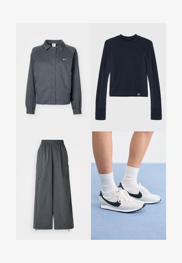 Nike Sportswear Letná bunda - black; Námořnická modrá blúzka s dlhým rukávom v rebrovom štruktúre, s bodkovanými akcentmi pozdĺž rukávov a vysokým výstrihom. Logo značky na dolnej ľavej strane.; Sivé, pohodlné nohavice s elastickým pásom a širokými nohavicami vyrobené z ľahkej látky, s dvoma bočnými vreckami a nastaviteľnými šnúrkami na manžetách.; Biele sieťované tenisky s čiernymi akcentmi, okrúhlou špičkou a plochou gumovou podrážkou. V kombinácii s rebrovými bielymi ponožkami.