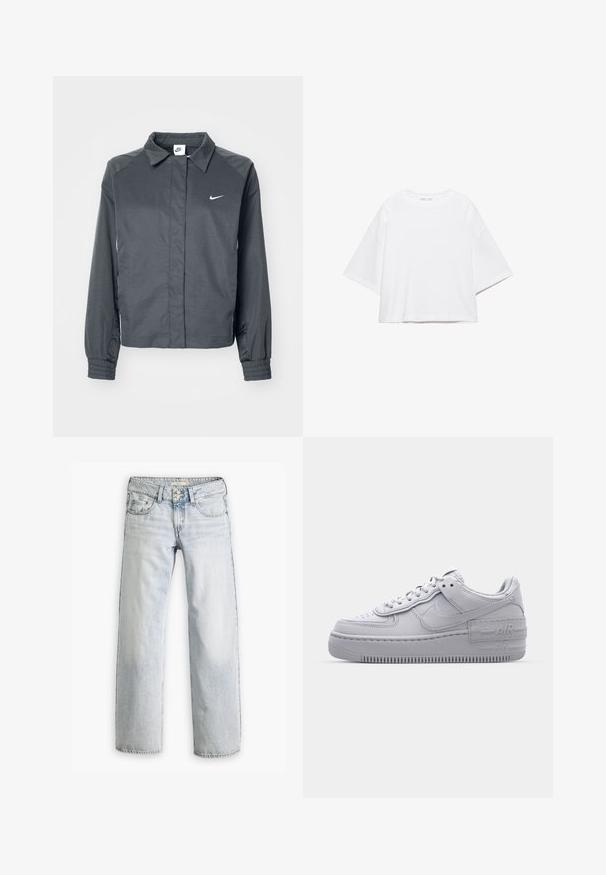 Nike Sportswear Veste légère - black; T-shirt blanc à manches courtes, coupe carrée, en coton doux. Présente un col rond et des manches larges, avec un design épuré et simple.; Jean en denim bleu clair avec une coupe décontractée, taille haute et design à cinq poches. Éléments de surpiqûre et fermeture à bouton.; Basket en cuir lisse gris Nike Air Force 1 avec un bout perforé, une semelle épaisse et un détail 'AIR' en relief sur le talon.