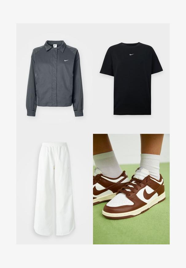 Nike Sportswear Letná bunda - black; Čierne bavlnené tričko s okrúhlym výstrihom a krátkymi rukávmi. Na hrudi je uprostred malá biela logo Nike. Hladká textúra.; Biele široké športové nohavice s ribbovaným pásom a jemným logom. Hladká tkanina s uvoľneným strihom a zúženým lemom.; Hnedé a biele kožené tenisky s perforovanou špičkou, textúrovanými akcentmi a plochými šnúrkami. Model má nízkoprofilový dizajn a gumovú podrážku.