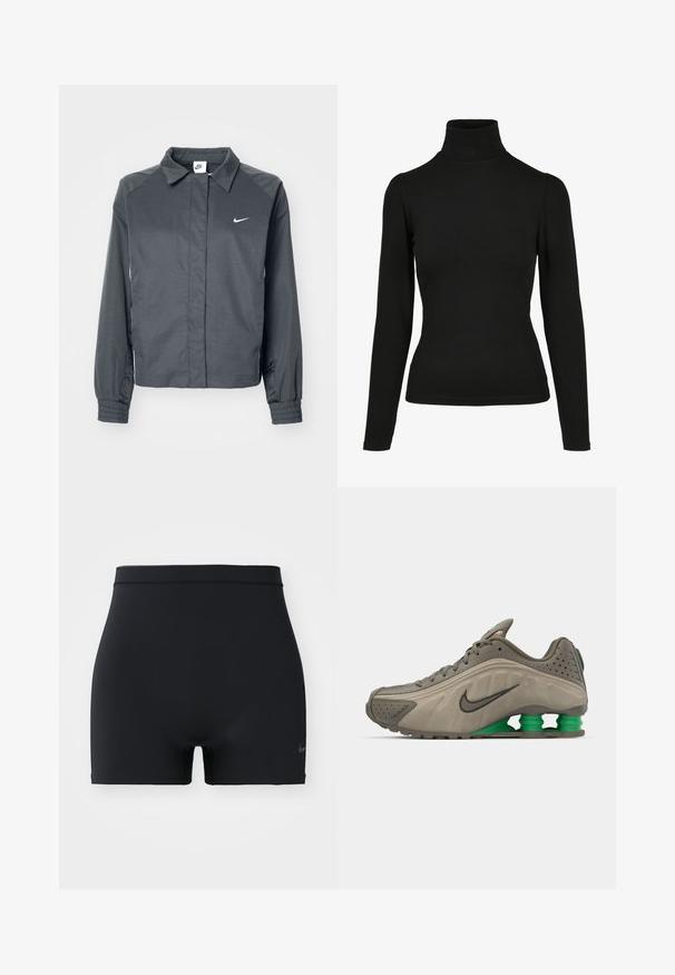 Nike Sportswear Leichte Jacke - black; Schwarzer Langarm-Turtleneck aus dehnbarem Baumwollmaterial. Hat ein tailliertes Design mit leicht gepufften Schultern und einem hohen Kragen.; Schwarze Sportshorts aus glattem, elastischem Material, mit einem mittelhohen Bund und einem kleinen Nike-Logo auf der linken Seite.; Nike-Sneaker in Olivgrün mit glattem Obermaterial, gestanzten Details, schwarzen Akzenten und grüner Fersenpolsterung. Leichtes, straffes Design.