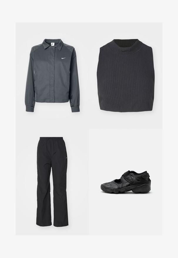 Nike Sportswear Letná bunda - black; Zkrátený žebrovaný top v tmavej námorníckej modri, s vysokým golierom a diskrétnym logom Nike. Tkanina má textúrovaný, elastický vzhľad.; Čierne, ľahké nohavice s elastickým pásom a šnúrkou. Majú textúrovaný povrch a malú reflexnú nášivku na boku.; Čierna športová sandála s uzavretou špičkou, suchými zipsami na priehlavku a päte a hrubou vystlanou podrážkou označenou "AIR" na boku.