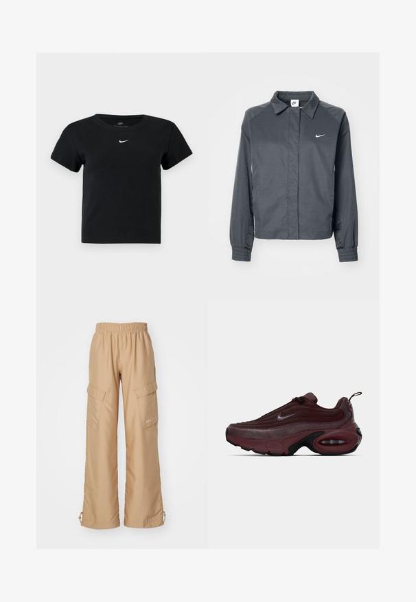 Nike Sportswear Let jakke / Sommerjakker - black; Sort ribbet t-shirt med korte ærmer, der har et lille hvidt Nike-logo på brystet og en rund halsudskæring.; Nike Sportswear TREND - Cargobukser - hemp; Bordeauxfarvede Nike sneakers med en tekstureret overdel, kontrastfarvet spraglet detaljer og en polstret sål med synlige luftenheder.
