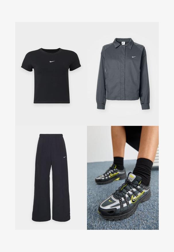 Nike Sportswear Chaqueta fina - black; Camiseta negra de manga corta hecha de algodón con un cuello redondo. Presenta un logo blanco de Nike en el pecho, diseño minimalista y forma ajustada.; Pantalones de pierna ancha negros con una cintura elástica y un pequeño logo blanco de Nike. La tela tiene una textura suave, diseñada para la comodidad y el uso casual.; Zapatillas deportivas en negro y gris con acentos reflectantes plateados, paneles de malla texturizada y detalles en amarillo brillante. Diseño con cordones y suela estructurada.