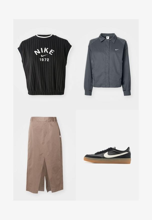 Nike Sportswear Suvejakk - black; Must mustärane lühikeste varrukatega crop-sweater, millel on vertikaalsed triibud, valge äär ja esiküljel brodeeritud "NIKE 1972" logo. Elastne ääre detail.; Pruun puuvillane seelik otsejoonisega, millel on ees lõhik, küljetaskud ja tavaline vöökoht. Sile tekstuur ja kohandatud õmblused.; Mustad mustus treeningjalats tekstureeritud nahast pealsega, valge swooshi logo ja kummist tallaga. Lööki neelav kaelaosa ja lipsu sulg.
